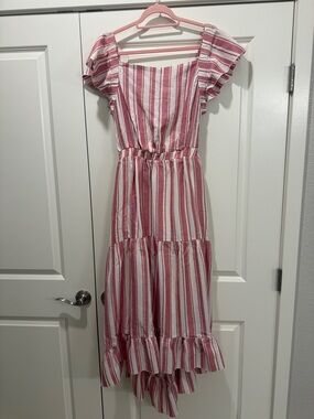 Anthropologie Striped Pink and White Square-Neck Midi Dress